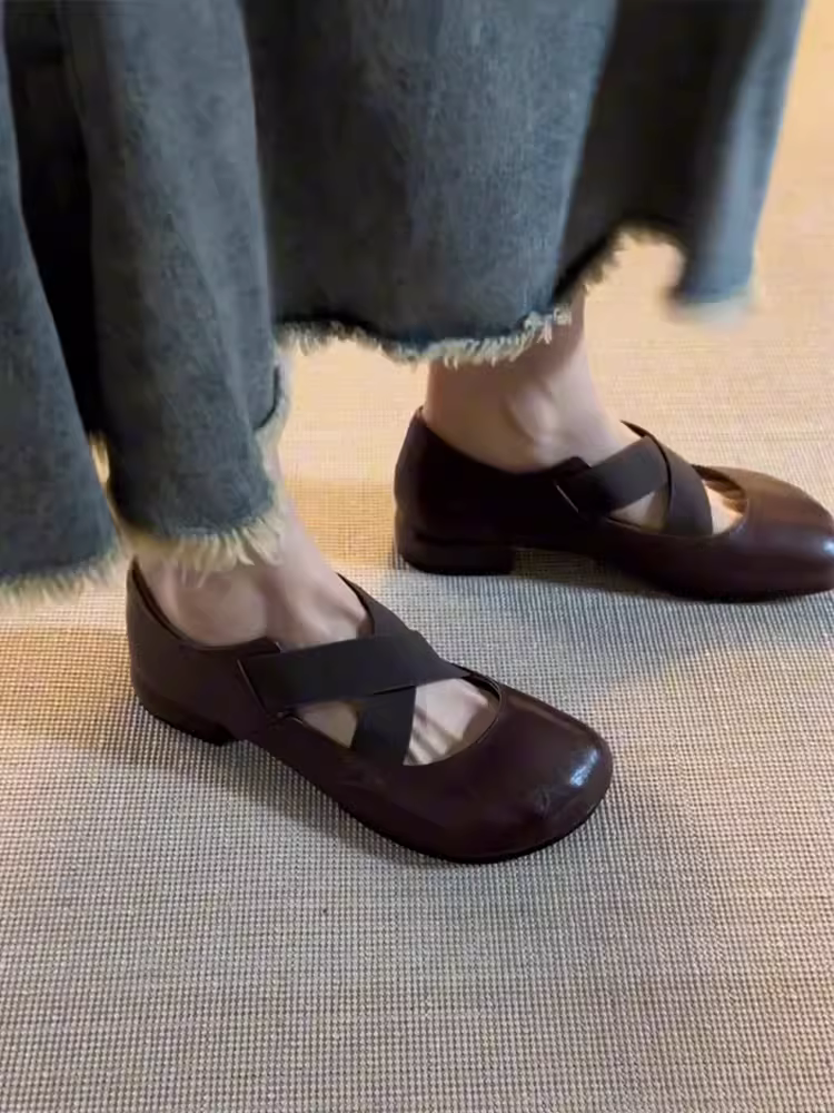 Phiên bản da cừu ~ giày ba lê quai ngang mũi tròn, da thật, giày đế bằng cổ điển nghệ thuật, giày Mary Jane nữ