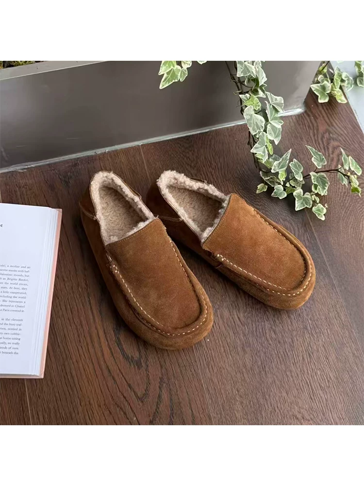 Phiên bản da cừu ~ Giày Birkenstock kiểu lười dành cho nữ, giày da lộn đế dày đơn giản, thích hợp cho mùa thu đông, giày cotton lót lông cừu ấm áp