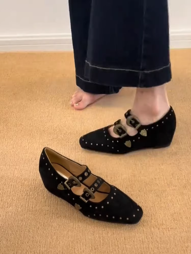 Phiên bản da cừu ~ Giày Mary Jane da lộn có khóa đôi tăng chiều cao theo phong cách retro punk, giày đơn miệng nông thời trang