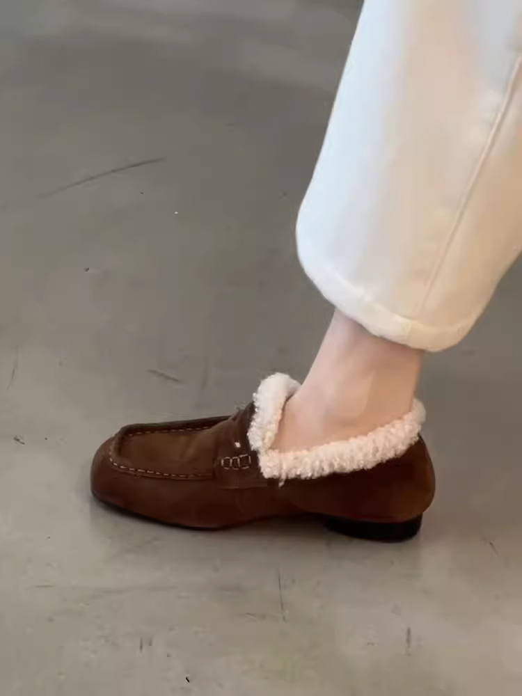 Phiên bản da cừu ~ giày lười mũi vuông bằng da lộn cổ điển dành cho nữ, giày đế bằng bằng da thật đơn giản, giày cotton mềm mại