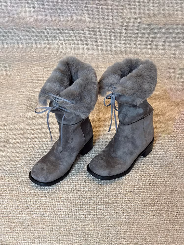 Phiên bản da bò ~ Giày bốt dài cổ điển cao cấp dành cho nữ, giày bốt đi tuyết lót lông dày kiểu Pháp, chất liệu da lộn, dây buộc, thiết kế độc đáo, có thể mang hai kiểu