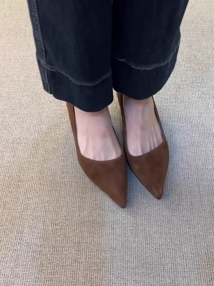 Phiên bản da cừu ~ giày công sở miệng nông đa năng dành cho nữ, giày cao gót mũi nhọn thanh lịch, giày đơn giản bằng da thật kiểu cổ điển