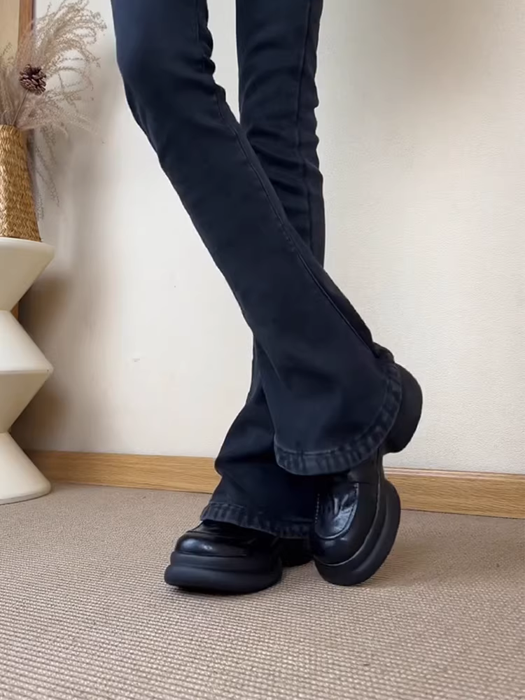 Phiên bản da cừu ~ Giày da đế bệt kiểu cổ điển dành cho nữ, giày đế dày mũi tròn, giày đơn kiểu thể thao bằng da thật