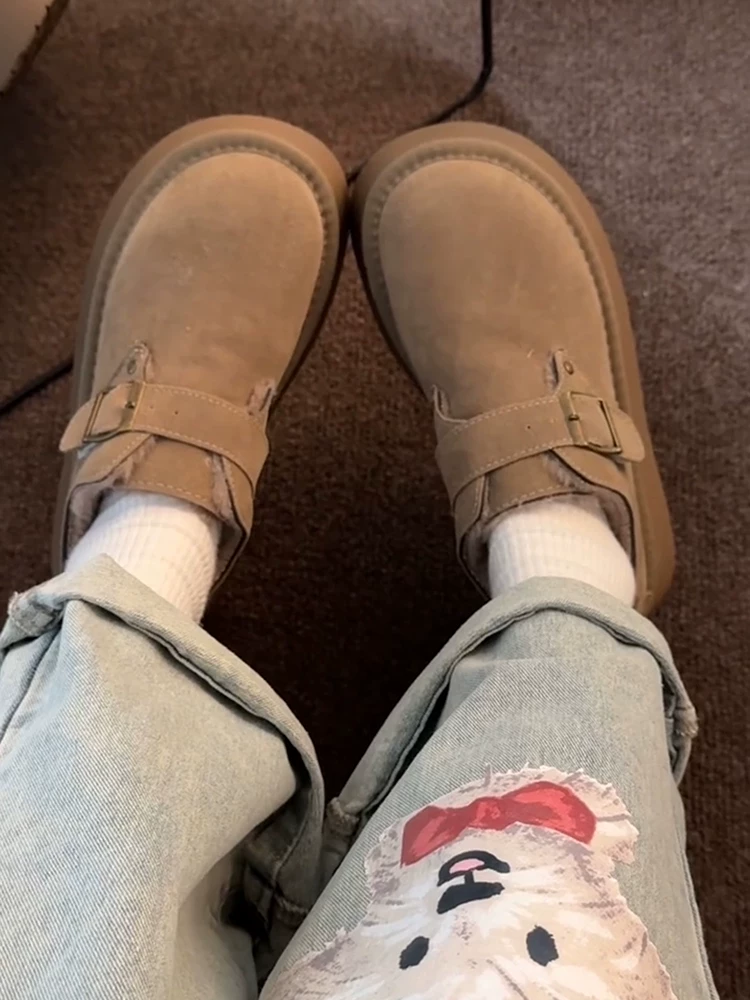 Phiên bản da bò ~ Giày lót lông cừu kiểu lười giữ ấm mùa đông, giày Birkenstock da thật đế dày tăng chiều cao, giày cotton đa năng dành cho nữ.