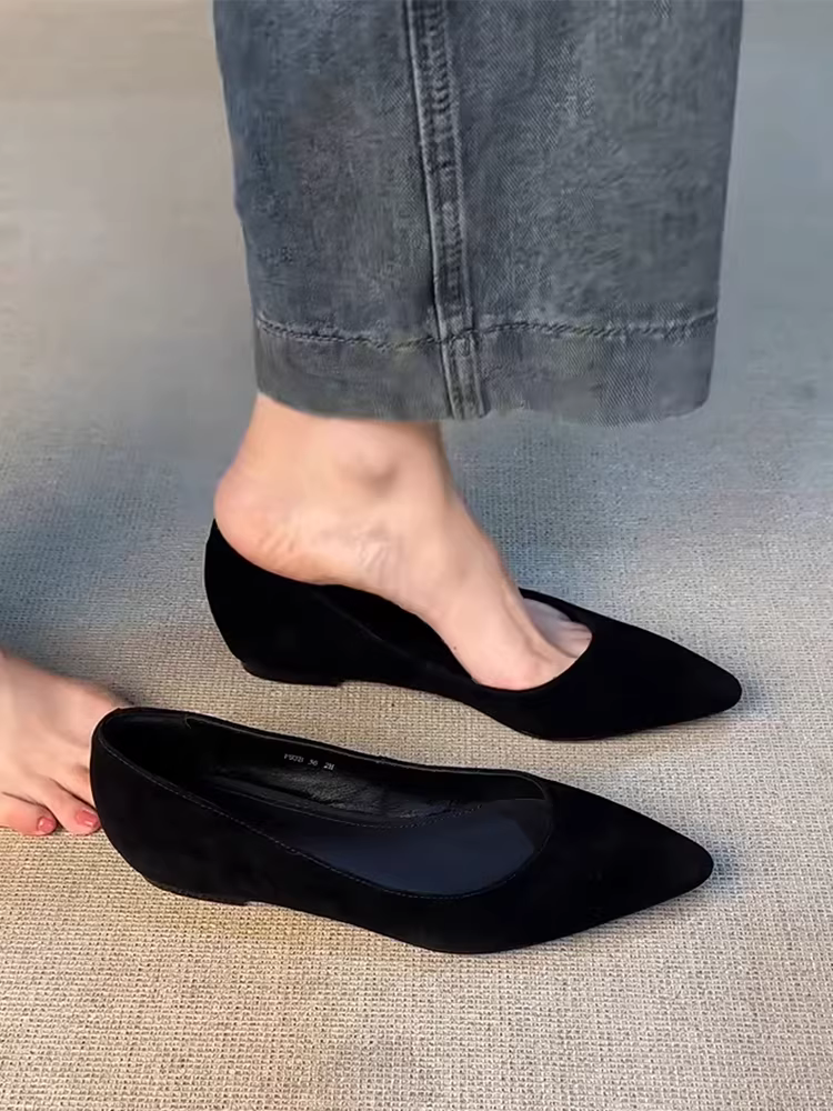 Phiên bản da cừu ~ Giày mũi nhọn nông bằng da lộn thật dành cho nữ, giày công sở tăng chiều cao theo phong cách retro thời trang để đi làm