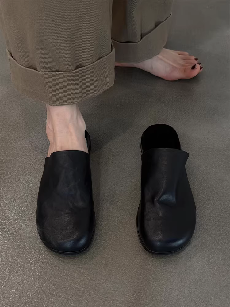 Phiên bản da cừu ~ dép da thật mũi tròn kiểu cổ điển tối giản dành cho nữ, màu đen, đa năng khi đi làm, đi ngoài trời, dép nửa gót