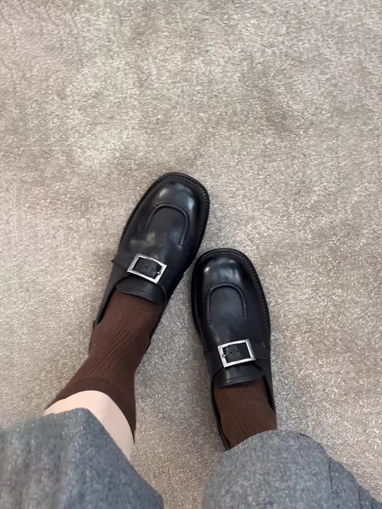 Phiên bản da cừu ~ Giày đế bằng da thật cổ điển dành cho nữ có khóa thắt lưng, giày da nhỏ kiểu Anh JK