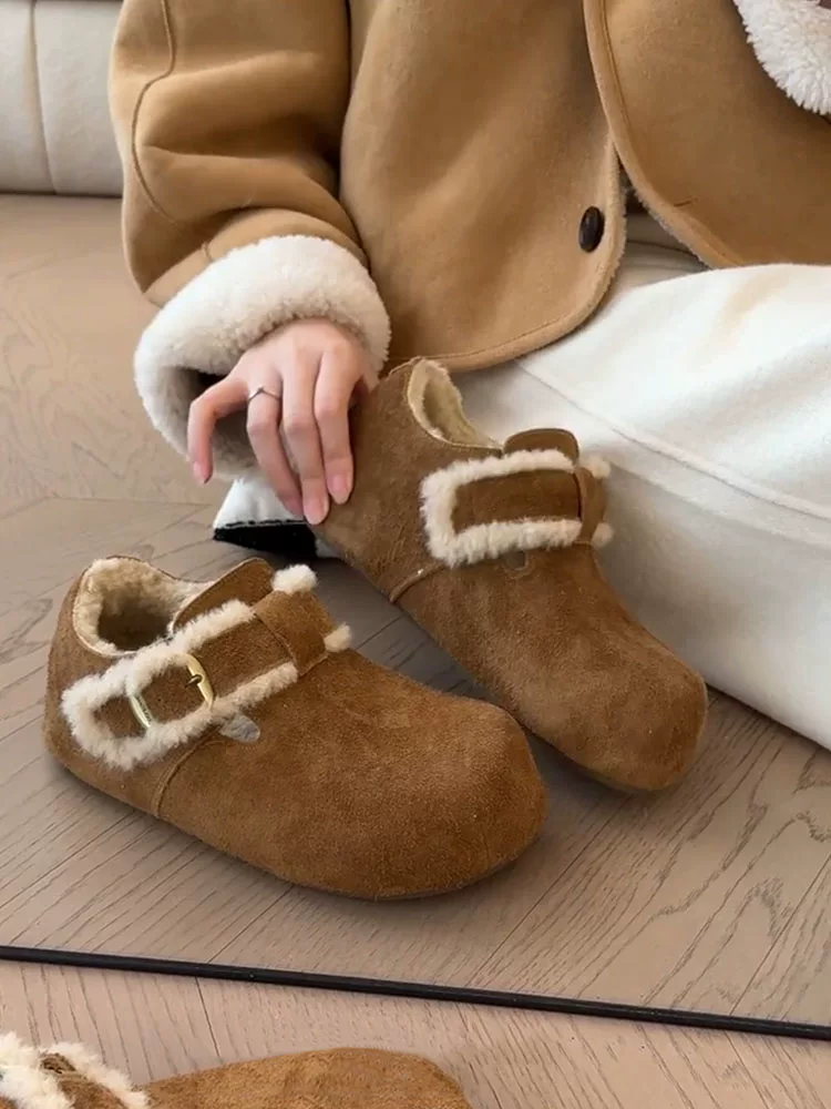 Phiên bản da cừu ~ Giày bốt Birkenstock tăng chiều cao có khóa thắt lưng cổ sâu kiểu cổ điển dành cho nữ, da lộn kiểu lười có lớp lót lông cừu, giày đơn mùa đông