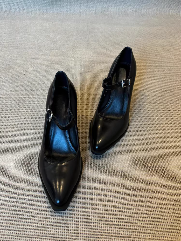 Phiên bản da cừu ~ Giày da cao gót Mary Jane màu đen thanh lịch kiểu Pháp dành cho nữ, giày da thật mũi nhọn quai đơn gót dày