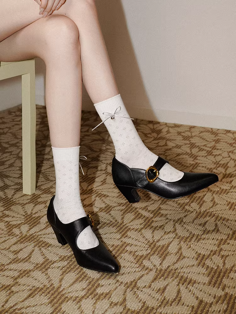 Pear Xiaoqi~ Giày Mary Jane đơn giản và tôn dáng dành cho nữ với giày cao gót, giày da thật mũi nhọn kiểu cổ điển.