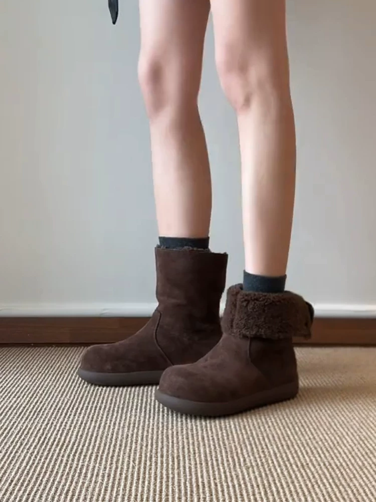 Phiên bản da bò ~ Giày bốt cotton Birkenstock dành cho nữ, da lộn đơn giản, có thể mang hai chiều, lót lông cừu, đế dày, đa năng, giày đi tuyết khí chất.