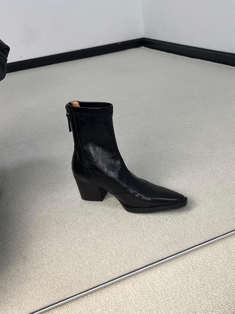 Phiên bản da cừu ~ Giày bốt da thật kiểu tối giản kiểu Pháp dành cho nữ, mũi nhọn, gót dày thanh lịch, khóa kéo phía sau, bốt ngắn co giãn