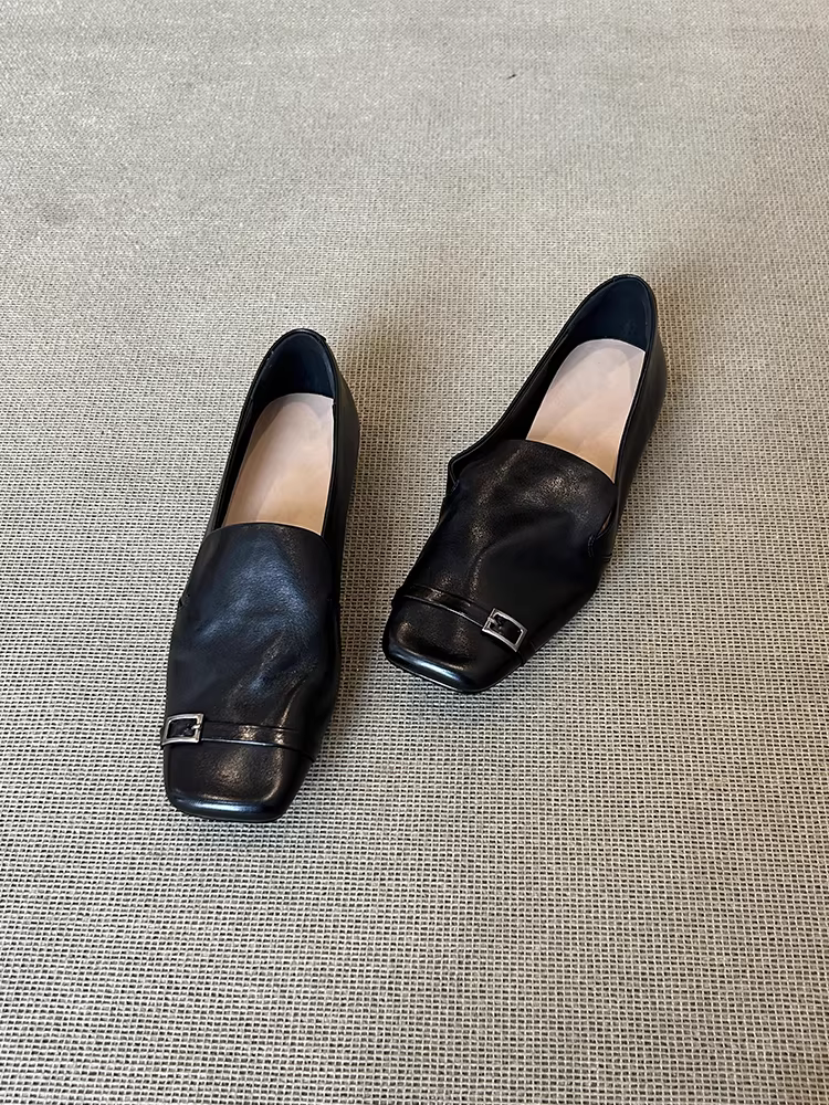 Phiên bản da cừu ~ Giày lười mũi vuông da thật phong cách cổ điển của Anh dành cho nữ, giày da đế bằng thiết kế độc đáo