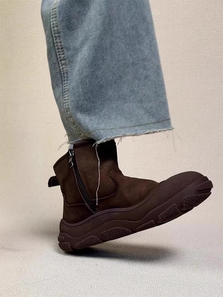 Phiên bản da bò ~ Giày nữ kiểu Birkenstock cổ điển dễ thương và độc đáo với lớp lót lông mềm, khóa kéo bên dày, ủng cotton da thật, ủng đi tuyết đế bằng thoải mái.