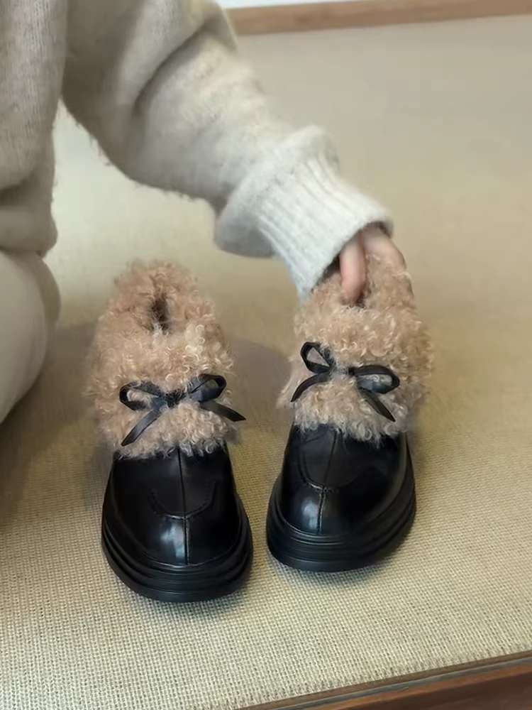 Phiên bản da cừu ~ Giày lười cổ sâu kiểu Pháp dành cho nữ, da thật, đế dày, gót dày, khóa kéo bên hông, giày lông xù kiểu slip-on