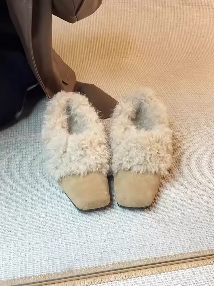 Phiên bản da cừu ~ Giày bốt đi tuyết mũi vuông nhỏ kiểu cổ điển nhẹ nhàng dành cho nữ, giày cotton ấm áp có lót lông cừu, thoải mái và dễ mang