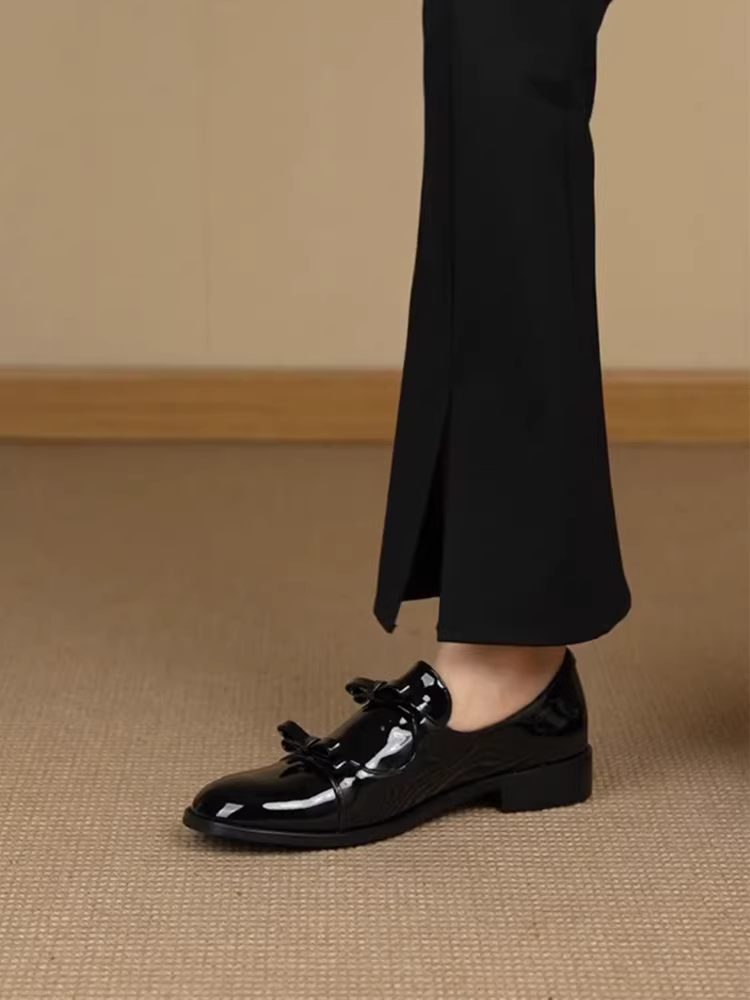 Phiên bản da cừu ~ Giày da nhỏ có dây buộc kiểu nơ bằng da sáng chế dành cho nữ, giày lười mũi tròn đế dày đa năng phong cách Anh.