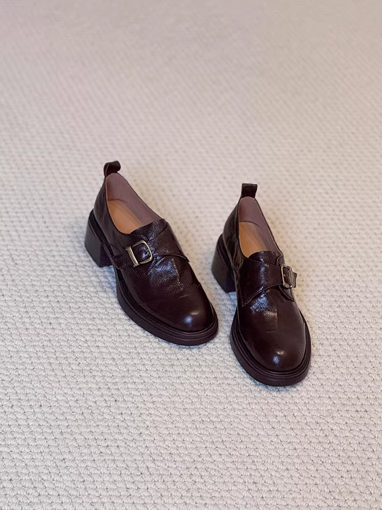 Phiên bản da bò ~ Giày lười có khóa da thật kiểu Anh dành cho nữ, giày da đế dày kiểu dáng thanh mảnh, giày da đi làm