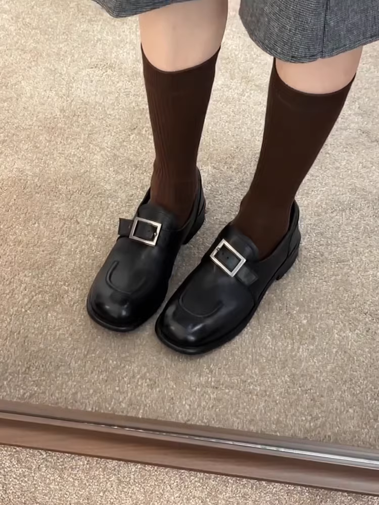 Phiên bản da cừu ~ Giày đế bằng da thật cổ điển dành cho nữ có khóa thắt lưng, giày da nhỏ kiểu Anh JK