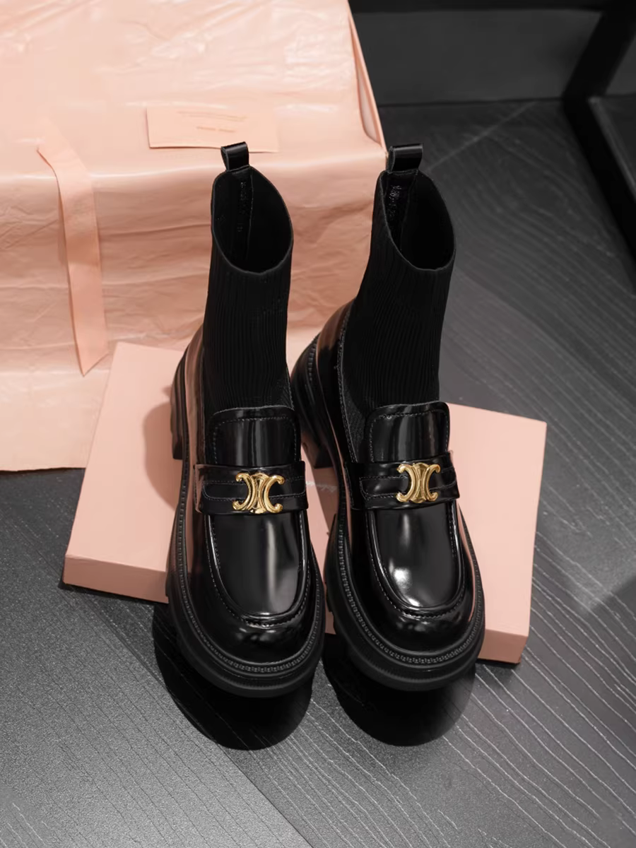 Giày bốt cổ ngắn cho nữ, bốt dệt kim co giãn, gót dày, bốt cổ ngắn đế dày, bốt kiểu Anh dáng thon gọn, bốt Martin tăng chiều cao và thon gọn dành cho người nhỏ nhắn.