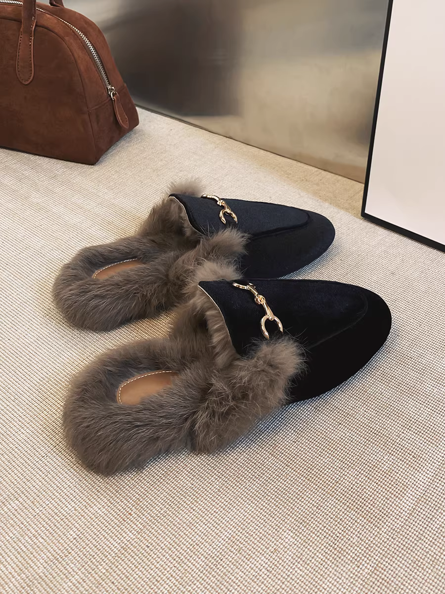 Phiên bản da bò ~ Giày Birkenstock lười đi bằng lông thú dành cho nữ, phong cách cổ điển, lót lông cừu, đi ngoài trời, dép nửa ấm áp, giày cotton kín mũi.