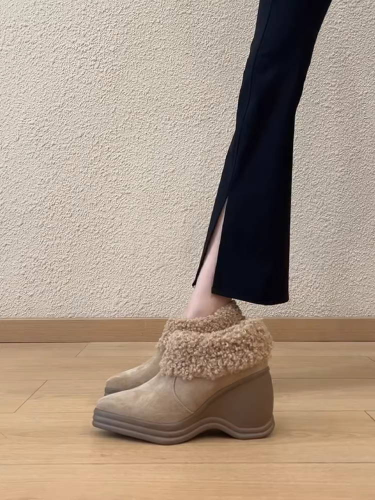 Phiên bản da cừu ~ Giày lười mũi nhọn có gót nêm dành cho nữ, giày da thật kiểu cổ điển, đế dày, lông nhung, giày da nhỏ