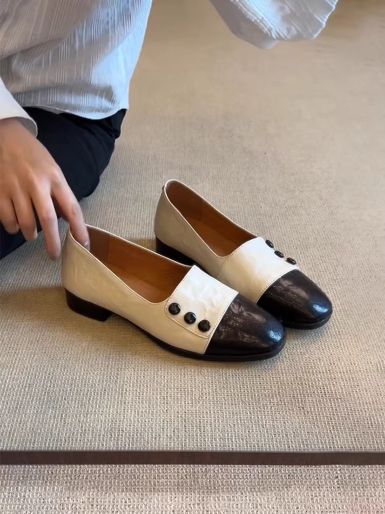 Phiên bản da cừu ~ Giày đế bằng đa năng phong cách Anh cho nữ, giày lười mũi vuông, giày da đi làm thoải mái