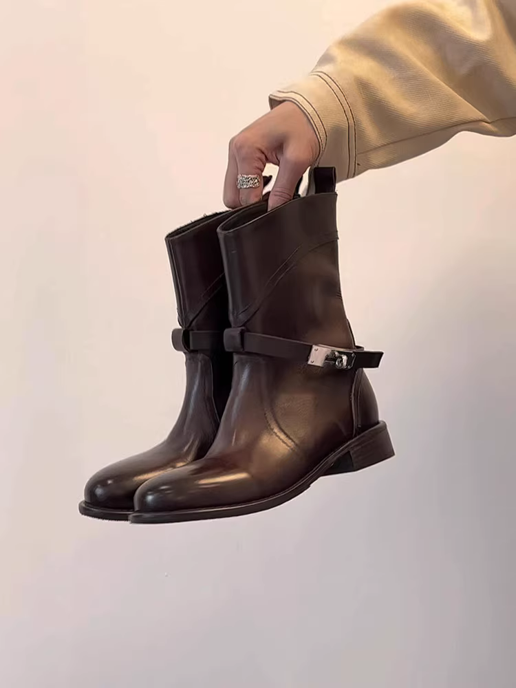 Phiên bản da bò~ Giày bốt cao đến giữa bắp chân kiểu Anh thời trang cao cấp thanh lịch dành cho nữ với khóa kim loại, kiểu dáng cổ điển, phong cách cưỡi ngựa phương Tây, hợp xu hướng