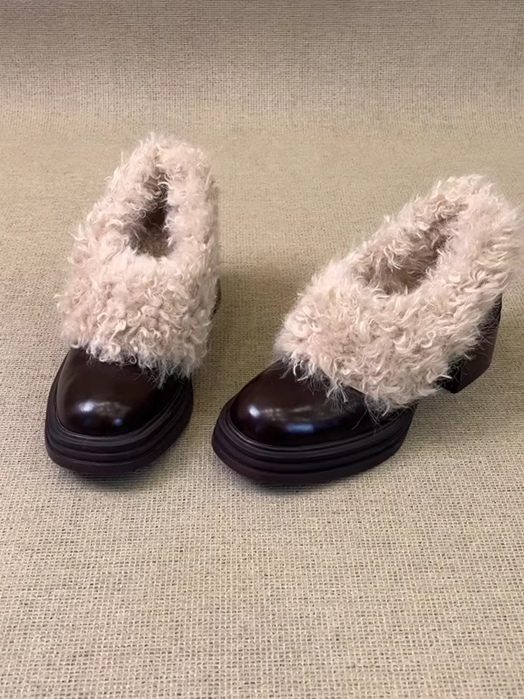 Phiên bản da cừu ~ Giày cao gót đế chống thấm nước, giày lông thú giản dị kiểu cổ điển dành cho nữ, giày bốt cotton lót lông cừu đế dày, giày da nhỏ
