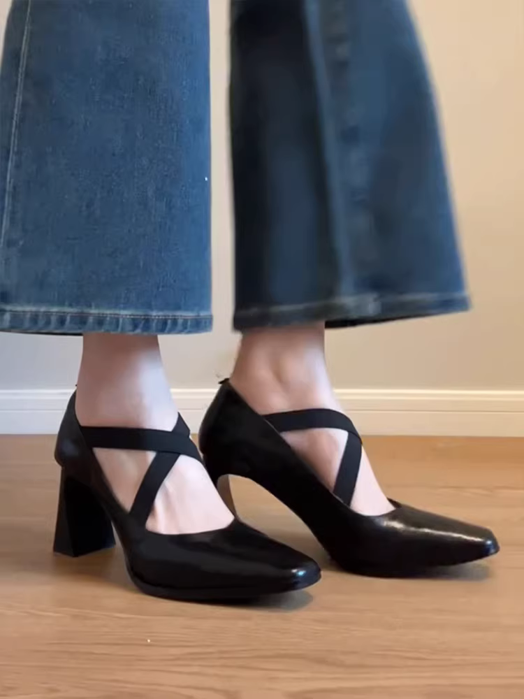 Phiên bản da cừu ~ Giày cao gót thanh lịch dành cho nữ có quai chéo, mũi vuông, giày Mary Jane cổ điển kiểu dáng cổ điển bằng da thật.
