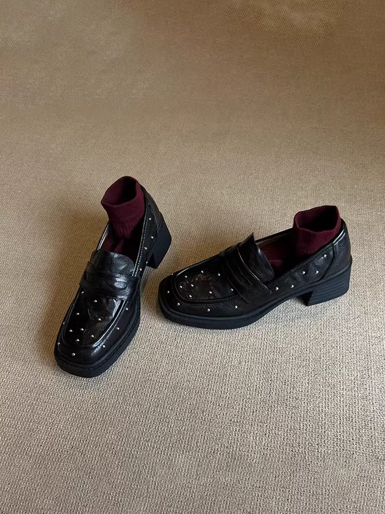 Phiên bản da cừu ~ giày lười đế dày đa năng có đế dày, mũi vuông, giày da thật kiểu slip-on dành cho nữ