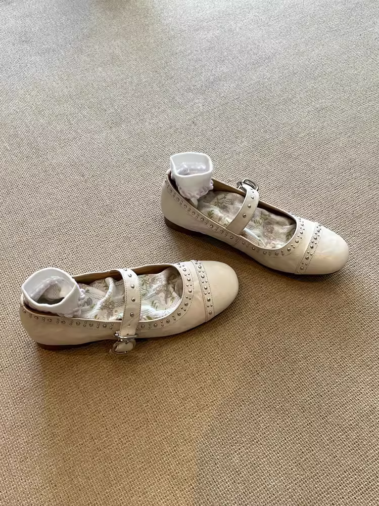 Phiên bản da cừu ~ Giày Mary Jane đế bằng đinh tán nông kiểu Pháp dành cho nữ, giày ba lê đế bằng một dây đeo đa năng