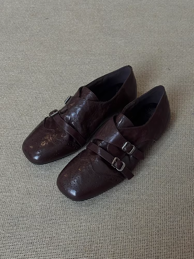 Phiên bản da cừu ~ Giày lười đế mềm thoải mái được chạm khắc thời trang dành cho nữ, giày da đế bằng mũi vuông kiểu brogue