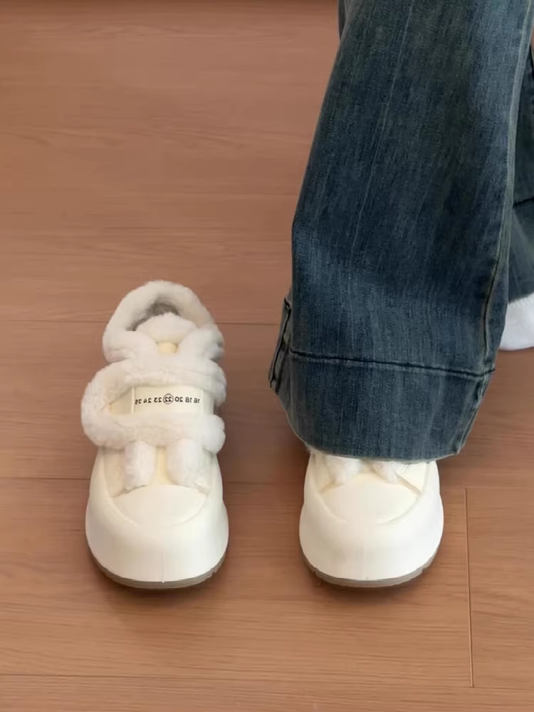 Phiên bản da cừu ~ Giày cotton ấm áp bằng len cừu dành cho nữ có khóa dán, đế dày, giày trắng lót lông cừu, giày mềm mại và giản dị