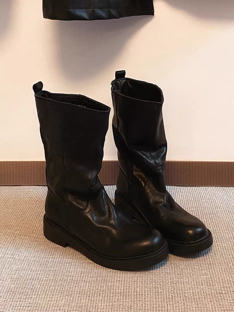 Giày da đã qua xử lý~ kiểu dáng cổ điển, xếp ly, cao đến giữa bắp chân dành cho nữ, giày cao cổ đế dày mũi tròn bằng da thật, kiểu dáng thẳng, phong cách cưỡi ngựa miền Tây
