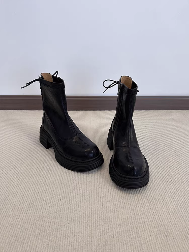 Phiên bản da bò ~ Giày bốt Martin đế dày phong cách cổ điển dành cho nữ, đa năng và đơn giản, buộc dây ở phía sau, khóa kéo bên hông, gót dày, bốt ôm dáng co giãn