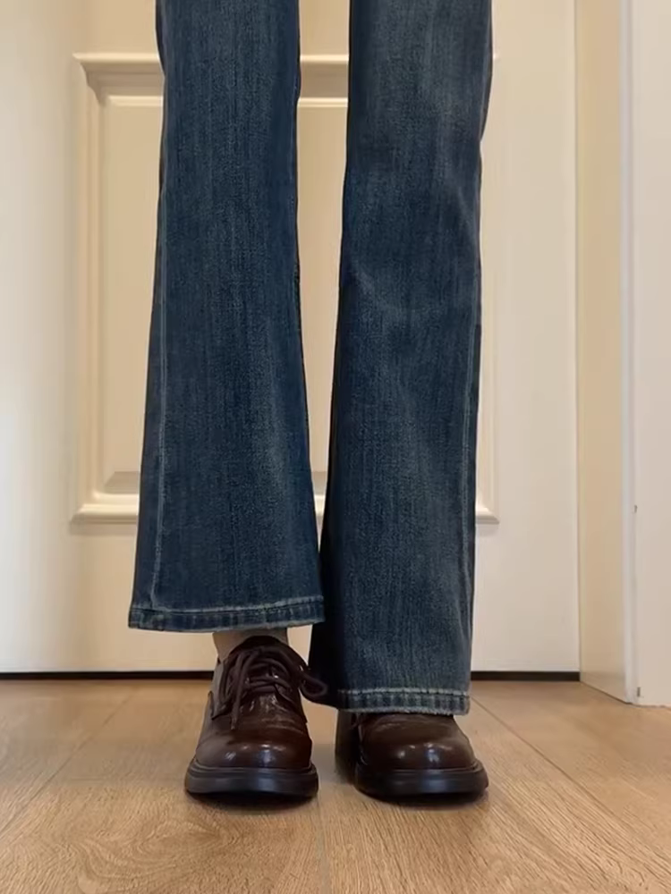 Phiên bản da bò ~ Giày lười da thật phong cách retro đơn giản dành cho nữ, buộc dây, đế dày, gót dày, phong cách preppy, giày da nhỏ thời trang đi làm