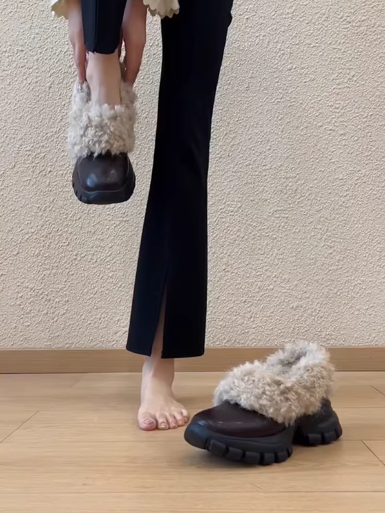 Phiên bản da cừu ~ Giày lông đế dày thời trang đi làm dành cho phụ nữ nhỏ nhắn, giày da thật kiểu dáng đơn giản, giày cotton da thật.