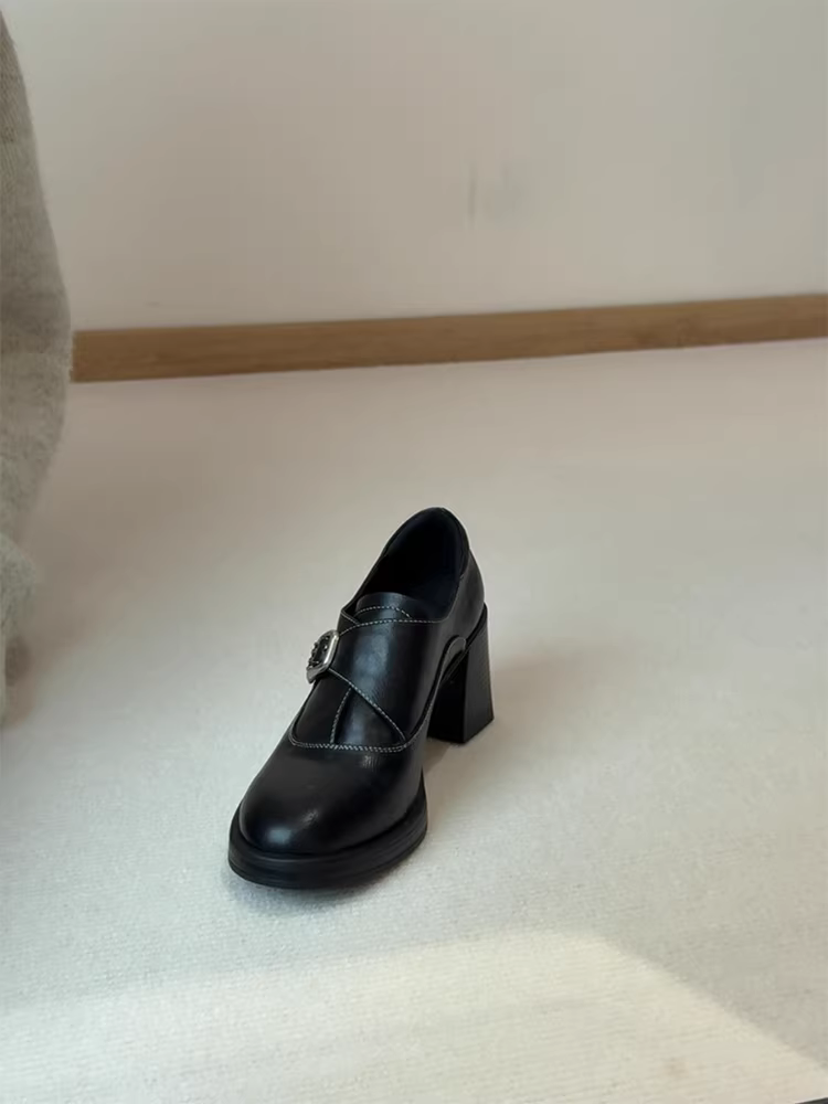 Phiên bản da cừu ~ Giày lười đế dày màu đen phong cách cổ điển của Anh dành cho nữ, giày da cao gót có khóa thắt lưng kiểu dáng cổ điển