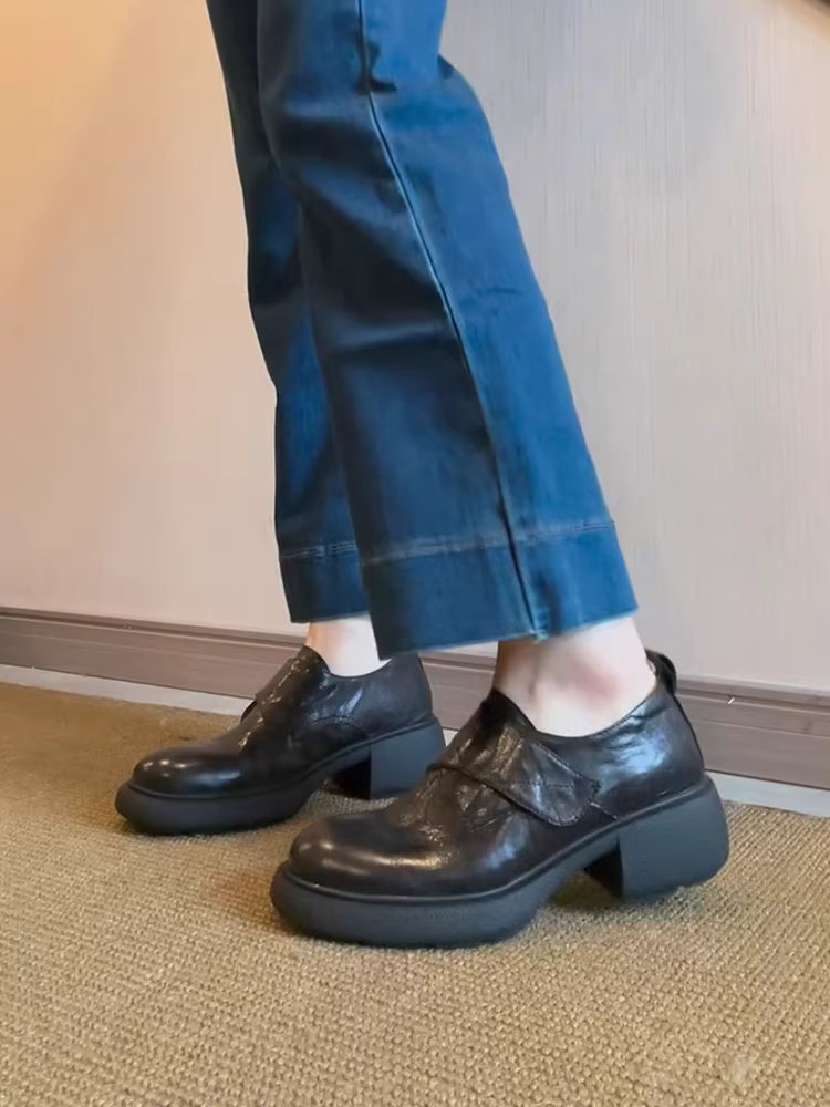 Phiên bản da cừu ~ Giày đế mềm có đế dày bằng Velcro dành cho nữ, giày da nhỏ có gót dày kiểu cổ điển mũi tròn đi làm, giày đơn cắt sâu.