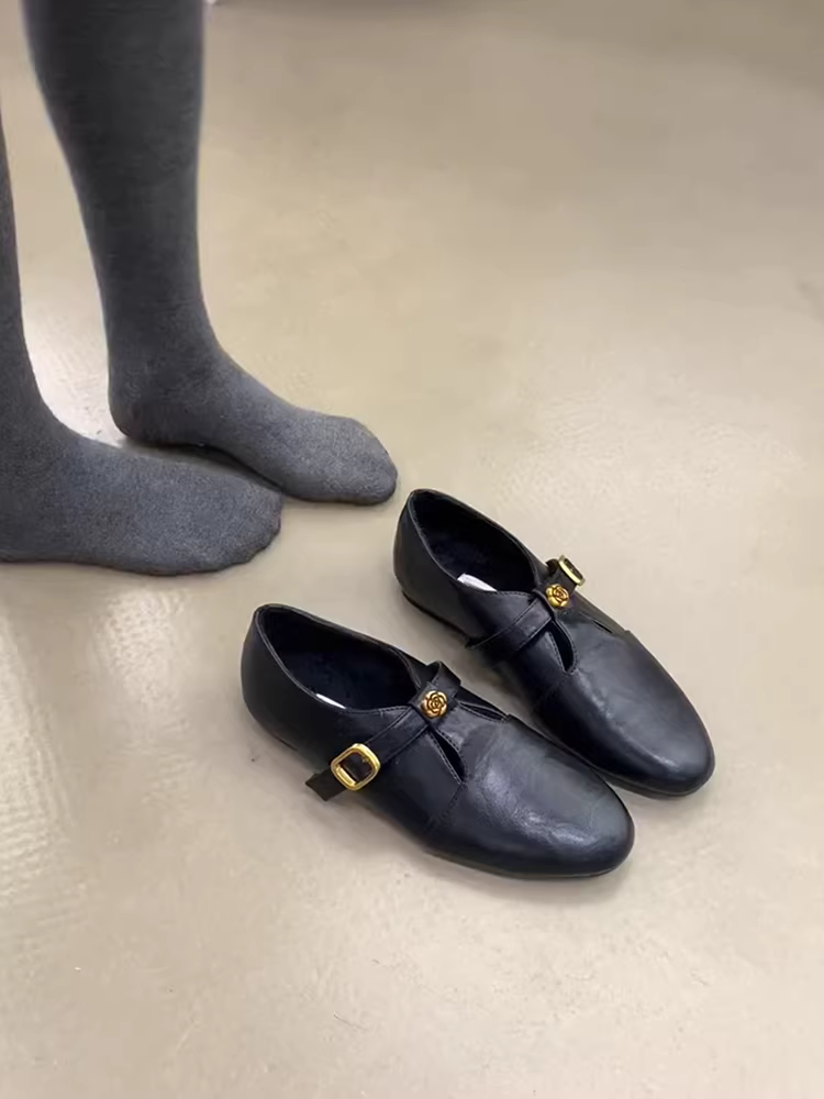 Phiên bản da cừu ~ Giày Mary Jane đế bằng đi làm dành cho nữ với dây đeo bằng da hoa trà, da thật có lớp lót lông mềm, giày da nhỏ mũi tròn kiểu cổ điển