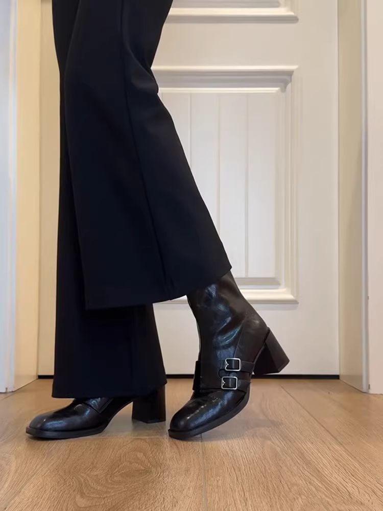 Phiên bản da bò ~ Giày bốt da thật kiểu cổ điển dành cho nữ, giày bốt mỏng có khóa thắt lưng đơn giản có khóa kéo phía sau, giày bốt ngắn mũi vuông cao gót