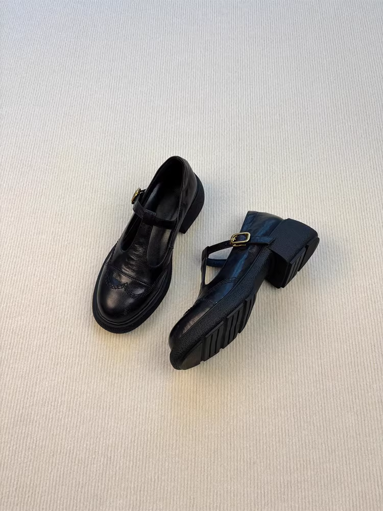 Phiên bản da cừu ~ Giày lười Mary Jane kiểu retro dành cho nữ, giày da nhỏ có quai chữ T rỗng, gót dày, đế dày, giày đơn mũi tròn