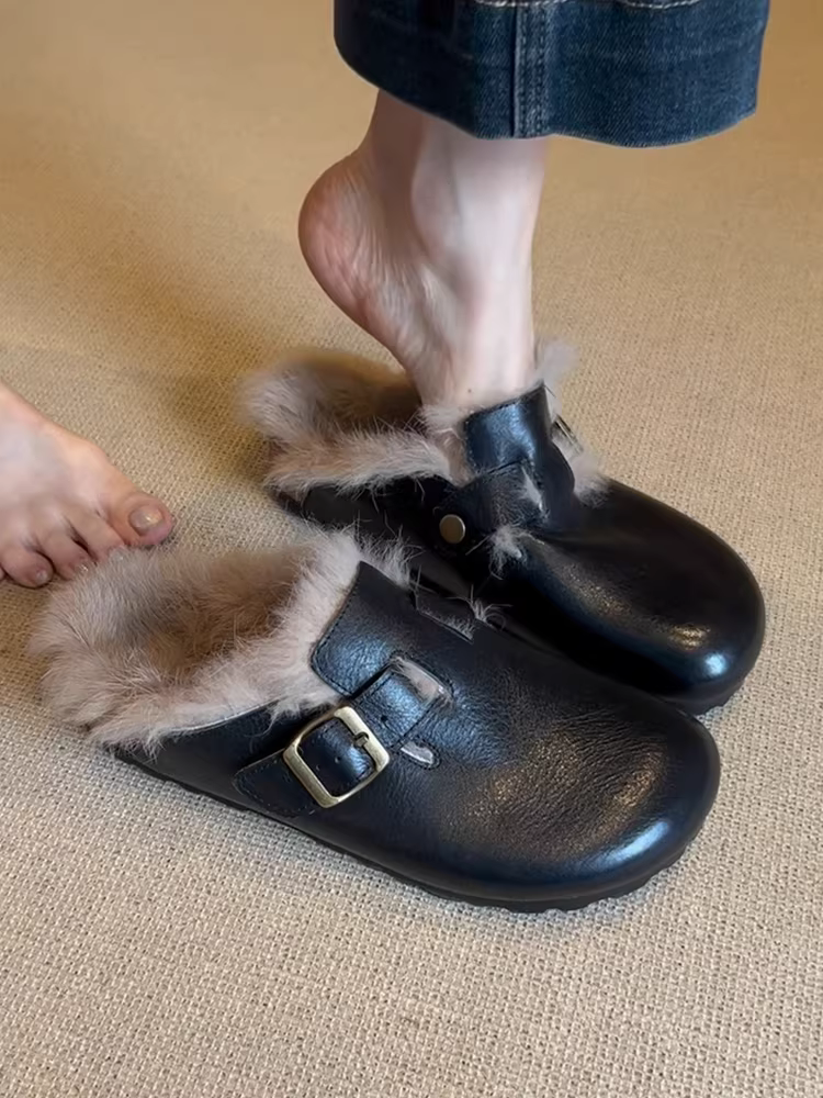 Phiên bản da cừu ~ Giày Birkenstock lười đi bằng lông thú dành cho nữ, phong cách cổ điển, lót lông cừu, dép nửa ấm áp, giày cotton đa năng.