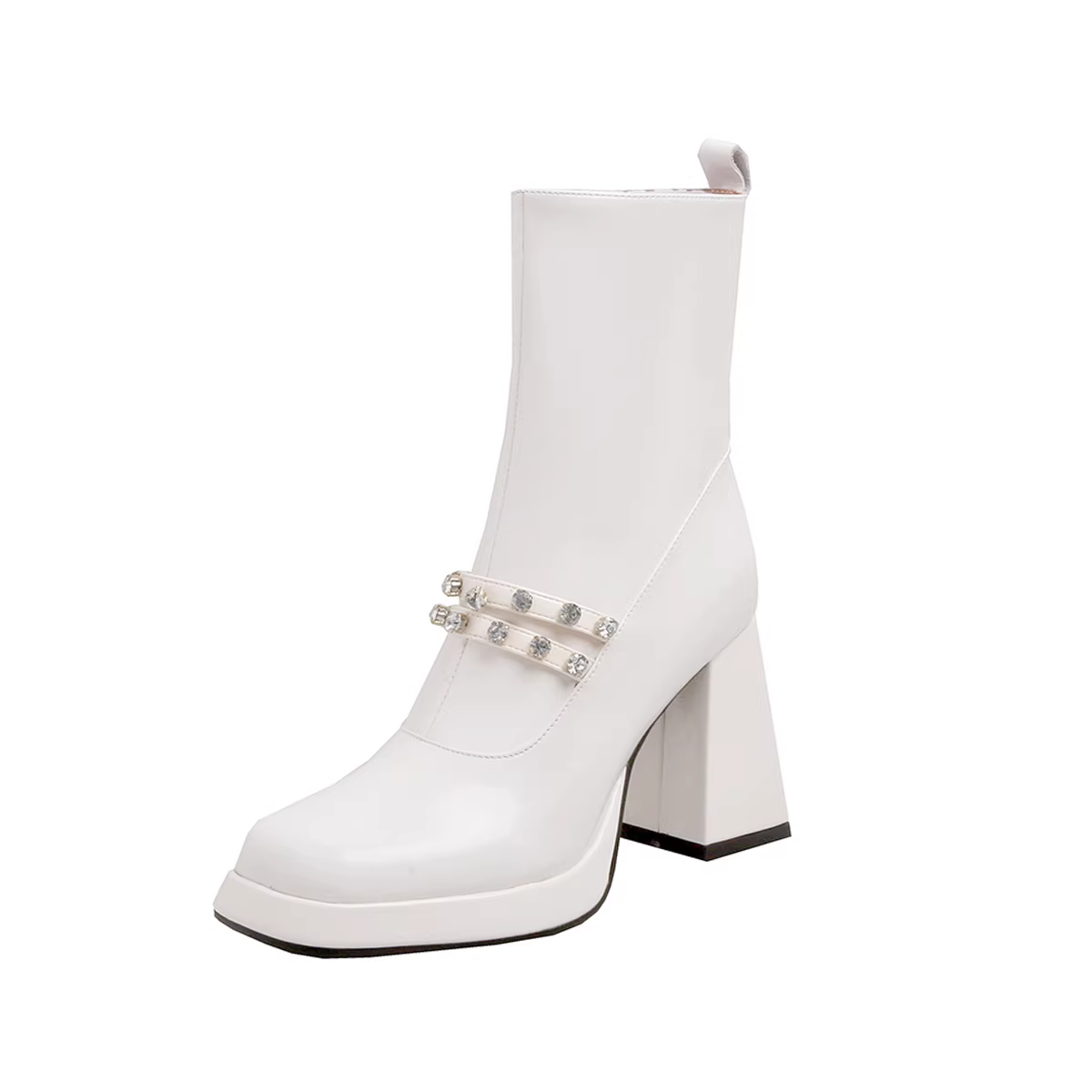 Pear Xiaoqi~ Giày bốt cổ ngắn cao gót kiểu Pháp dành cho nữ, bốt đế dày đính đá trắng, bốt Martin tăng chiều cao và thon gọn dành cho phụ nữ nhỏ nhắn.