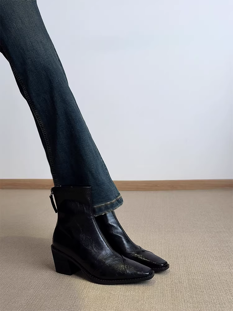 Phiên bản da cừu ~ Giày bốt ngắn đi làm đa năng kiểu Anh dành cho nữ, giày bốt cao gót mũi vuông có khóa kéo phía sau kiểu tối giản, kiểu dáng ôm sát