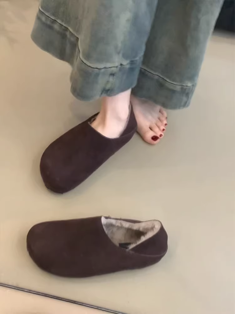 Phiên bản da cừu ~ Giày Birkenstock dành cho nữ, kiểu dáng đơn giản, có thể mang hai chiều, kiểu lười, giày cotton phủ kín, lót lông cừu, ấm áp, thời trang, giày lông thú đa năng