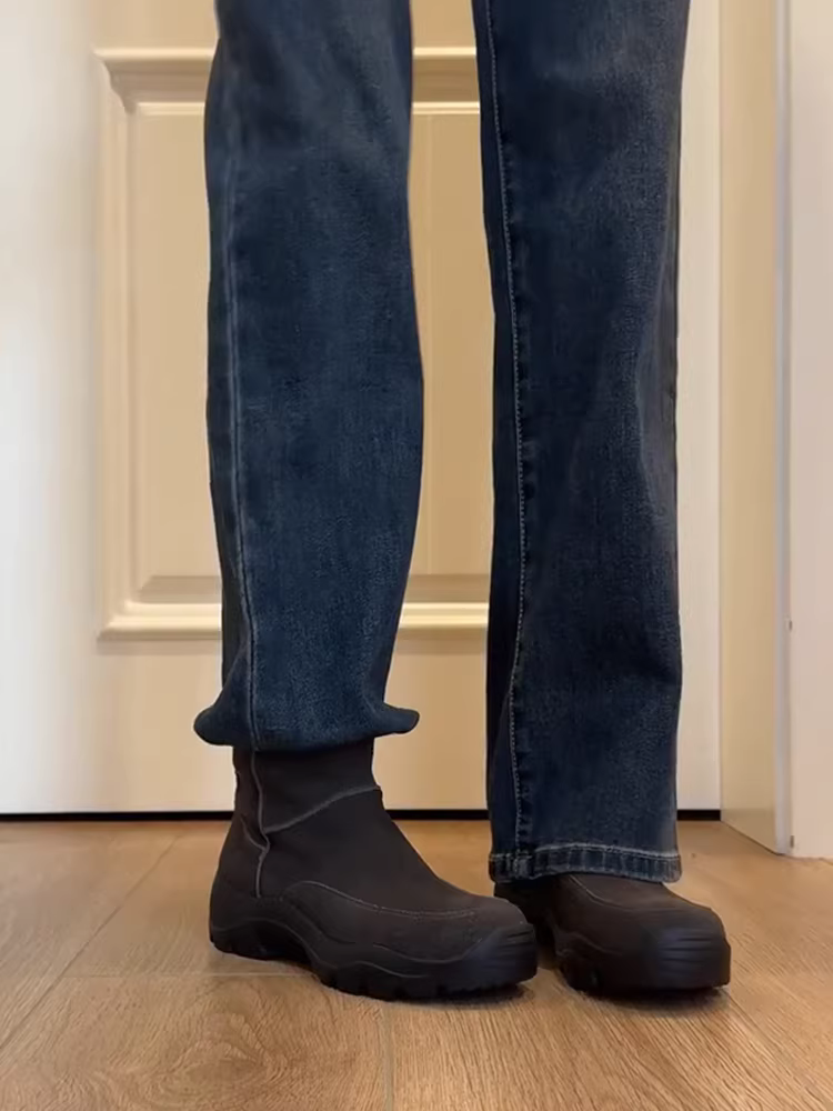 Phiên bản da bò ~ Giày bốt cổ ngắn đế lốp thể thao dành cho nữ, giày bốt Martin đế dày mờ kiểu cổ điển thời trang đơn giản thanh lịch