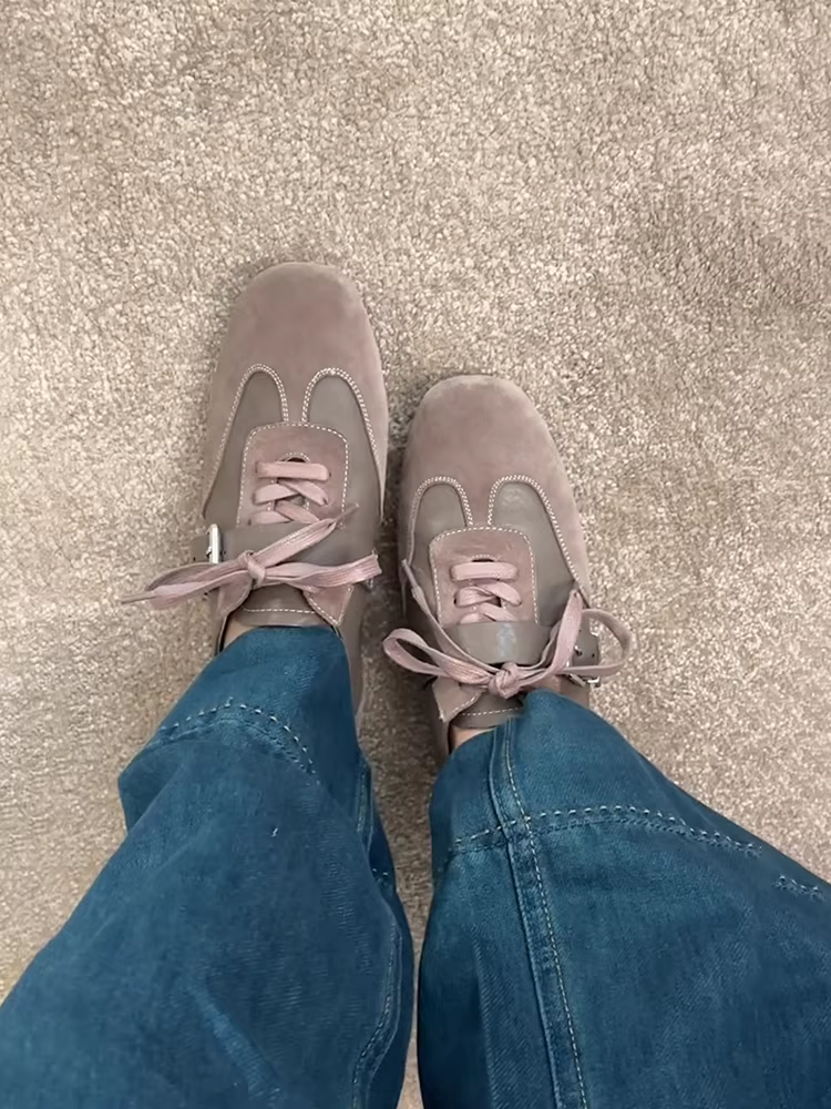 Phiên bản da cừu ~ giày thể thao cổ điển có khóa thắt lưng, giày đế bằng buộc dây, giày tập kiểu Đức bằng da lộn chắp vá kiểu múa ba lê