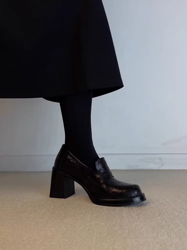 Phiên bản da cừu ~ Giày lười da thật cao gót phong cách đại học dành cho nữ, mũi tròn kiểu Anh, giày đế thô kiểu dáng slip-on, giày da nhỏ kiểu JK